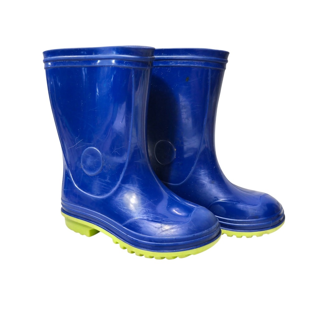 Kids Blue Waterproof Rain Boots‎ Lime Green Lug Sole Size 8 Made in Canada B1515